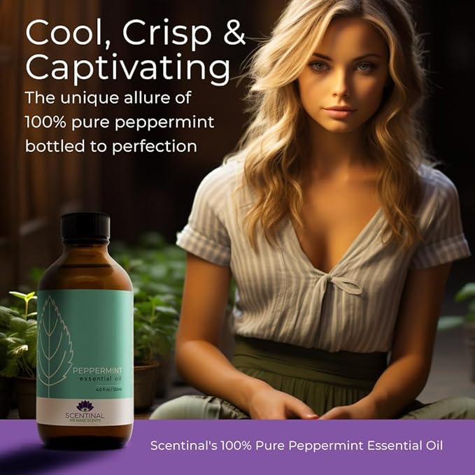 Scentinal Premium Essential Oil - 100% Pure, Natural & Authentic - Extra Large 4oz Bottle (120ml) with Eyedropper - Refreshing Aromatherapy Experience (4 oz / 120ml, Peppermint)