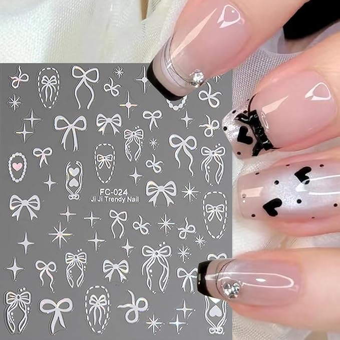 Bow Nail Art Stickers Red White Laser Bow Stars Hearts Nail Design Stickers for Nails Art Valentines Bows Nail Decals Supplies DIY Acrylic Manicure Decoration Accessories for Women 6 Sheets