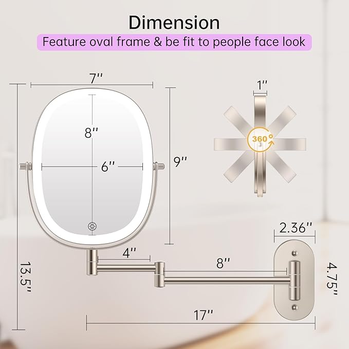 FUNTOUCH Wall Mounted Makeup Mirror,Rechargeable 7X/1X Double Sided Touch Switch Rectangle Oval Wall Mounted Magnifying Mirror with Light, 3 Color Setting,Extended Arm 360°Foldable, Nickel