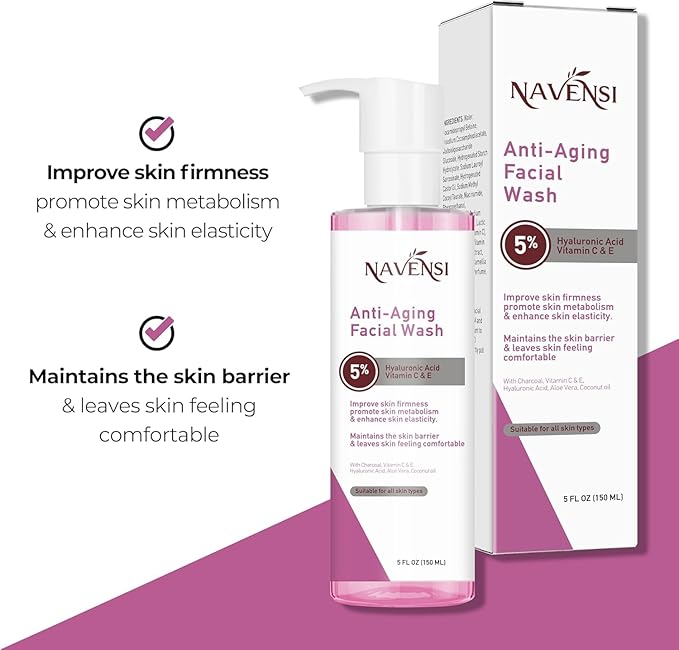 Navensi Anti Aging Face Wash 150ml | Hyaluronic Acid, Manuka Honey, Charcoal & Aloe Vera Facial Wash For Women & Men | Deep Cleansing, Hydrating Facial Cleanser For Smooth, Youthful Skin