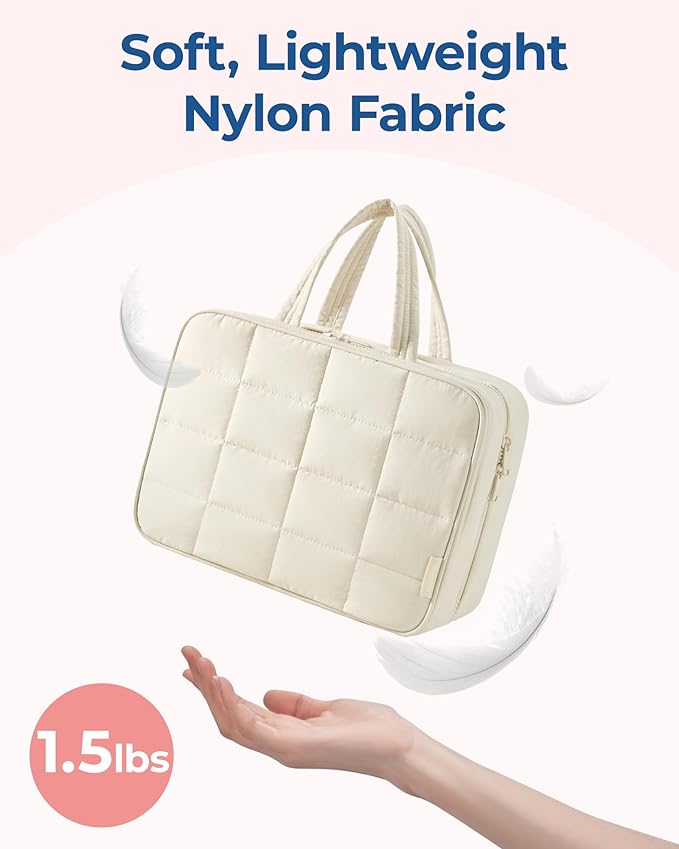 BAGSMART Travel Toiletry Bag with Jewelry Organizer, Hanging Travel Bag for Toiletries, Puffy Makeup Cosmetic Bag Organizer, Carry-on Travel Accessories Essentials, Camel-L