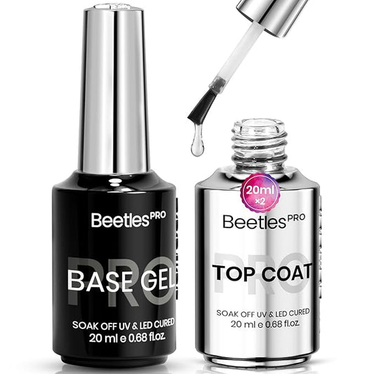 Beetles Pro Gel Top Coat and Base Gel Nail Polish, 20ml Upgraded Super Shine Finish and Long Lasting for 28 Days, Soak Off LED Nail Lamp Finish Nail Art Design Manicure for Salon