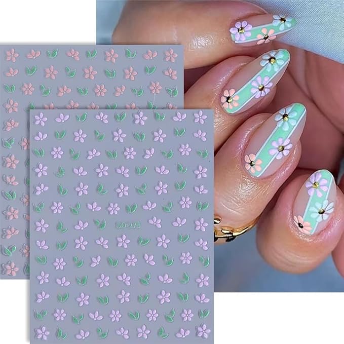 6 Sheets Flowers Nail Art Stickers 3D Floral Self Adhesive Nail Decals Design Purple Pink Blue Flower Nail Art Stickers for Women Girls DIY Manicure Tip Spring Flowers Nail Decoration