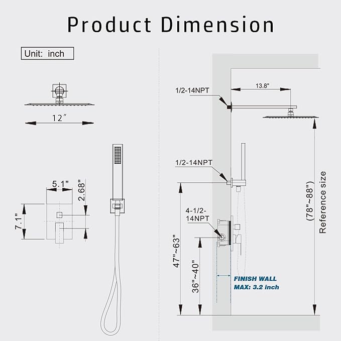 Alesco Shower Faucet Set, Brushed Nickel Shower System with 12-Inch High-Pressure Rainfall Showerheads and Handheld Spray combo, Showerfixture Include Valve and Trim Kit, Brushed Nickel