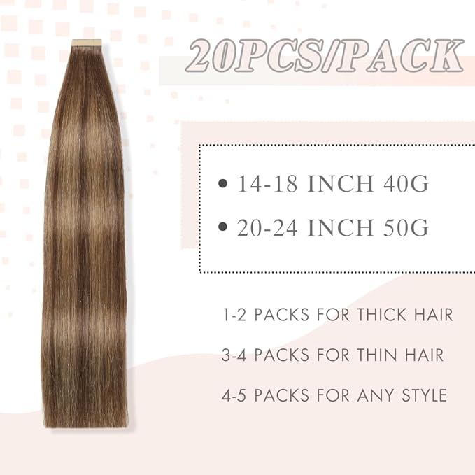 Tape in Hair Extensions Human Hair 20pcs Remy Hair Extensions Real Human Hair 18 Inch Chocolate Brown Mixed Honey Blonde Straight Invisible Human Hair Tape in Extensions for Women (4/4/27#,18 Inch)