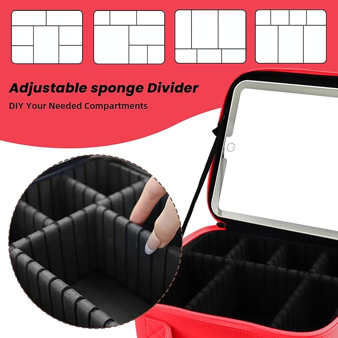 SUILU Travel Makeup Bag with LED Mirror and Light Makeup Travel Bag Organizer Portable Cosmetic Brush Organizer Bag with Adjustable Dividers for Cosmetics Makeup Brushes Toiletry (Light Red)