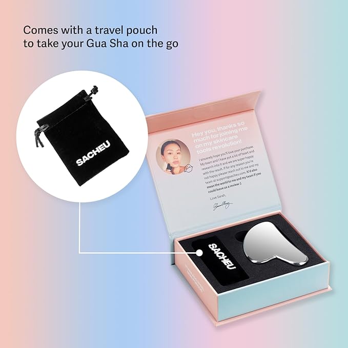 Sacheu Gua Sha Facial Tools Muscle Scraper — Face Gua Sha for Enhanced Lymphatic Drainage, Reduced Puffiness and Relieved Facial Tension, Metal Face Sculpting Tool with Travel Pouch