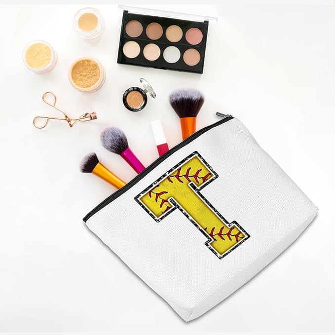 CQM Softball Gifts Initial Makeup Bag Monogrammed Cosmetic Bag Letter T Zipper Pouch Softball Accessories for Girls Women Player Coaches Friend Graduation Birthday Gifts