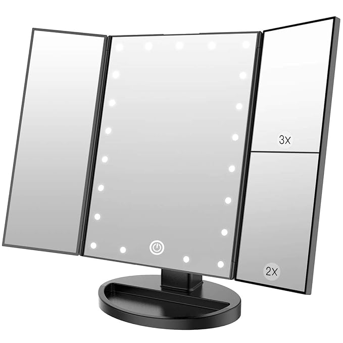 WEILY Makeup Mirror with 21 LED Lights,Two Power Supply Modes, Adjustable Touch Screen and 1x/2x/3x Magnification Tri-Fold Vanity Mirror,Chargeable Travel Cosmetic Mirror for Desktop (Black)