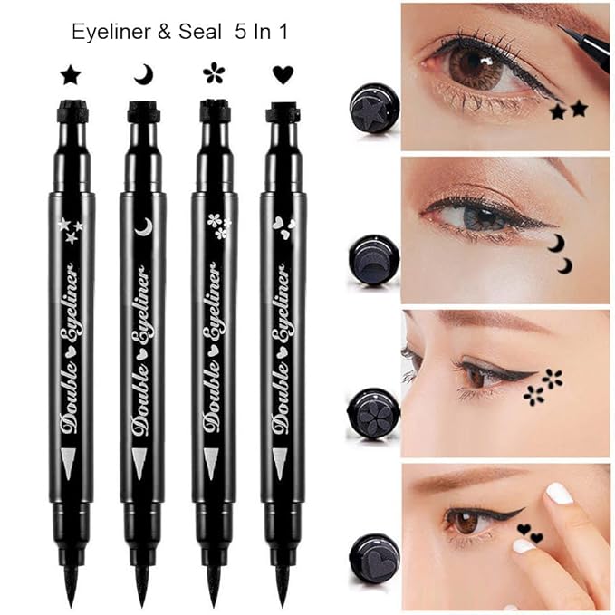 BINGBRUSH Double-sided Liquid Stamp Eyeliner Pen, Face Stamps Makeup Extremely Black Waterproof Slim Gel Felt Tip High Black Pigment Liquid Eyeliner & Seal (black)