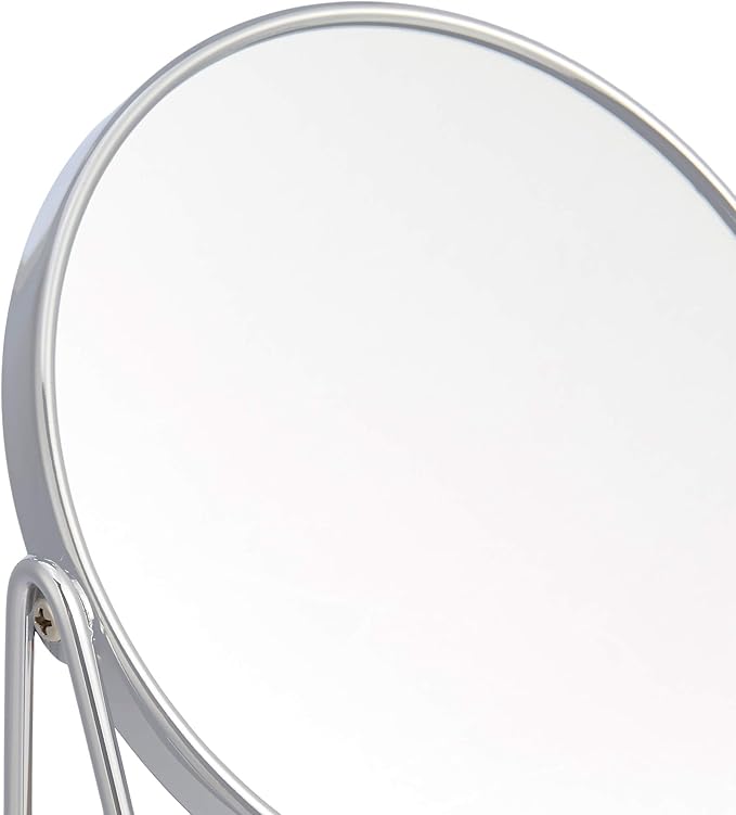 Amazon Basics Vanity Round Tabletop Mount Mirror with Squared Bamboo Tray Magnification, Chrome, 7.2"L x 3.35"W