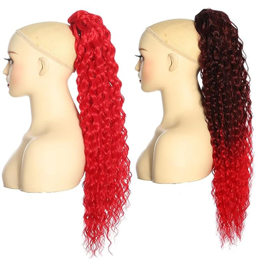 2 Pcs Deep Wave Ponytail Extension for Women 24 Inch Curly Wavy Ponytail Hair Extensions Drawstring Ponytail with Clips Long Synthetic Hairpiece for Daily and Party (Red&1B/Red)