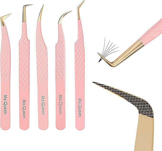 Ms.Queen Eyelash Extension Tweezers Set,Fiber Tip Volume Tweezers Curved 45 90 Degree Angled Tip Lash Tweezers for Mega Volume Mink Lashes