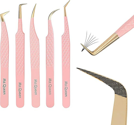 Ms.Queen Eyelash Extension Tweezers Set,Fiber Tip Volume Tweezers Curved 45 90 Degree Angled Tip Lash Tweezers for Mega Volume Mink Lashes