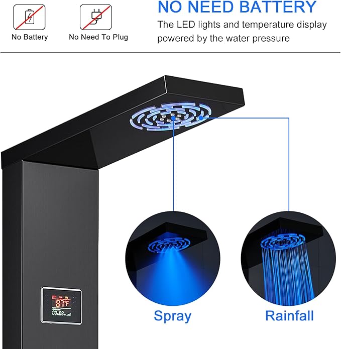 TSIBOMU LED Shower Panel Tower System, 304 Stainless Steel Bathroom Shower Tower with 3 Body Massage Jets, Shower Column Wall Mounted