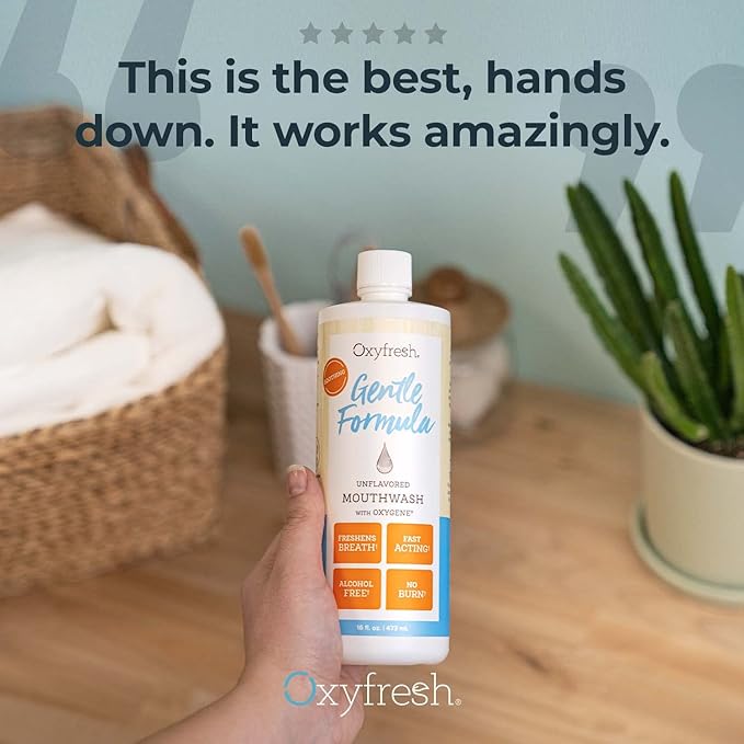 Oxyfresh Gentle Formula Unflavored Mouthwash for Adults – Ultra Sensitive Gums & Teeth – Non Mint, Zero Alcohol, Flavor Free – Fresh Breath. 16 oz