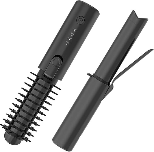 Youbella Cordless Hair Curling Iron Brush, Portable Travel Hair Curler, Mini 1.5″ Heated Round Brush, 3-in-1 USB Rechargeable Straightening Wand for Styling & Smoothing, 200 Million Ionic Care, Black