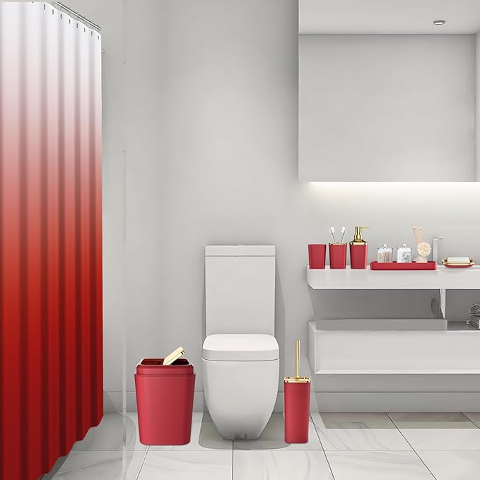 XLHOMO Bathroom Set – Burgundy Bathroom Accessories with Ombre Shower Curtain, Bathroom Accessories Set with Trash Can Soap Dispenser Soap Dish for Home