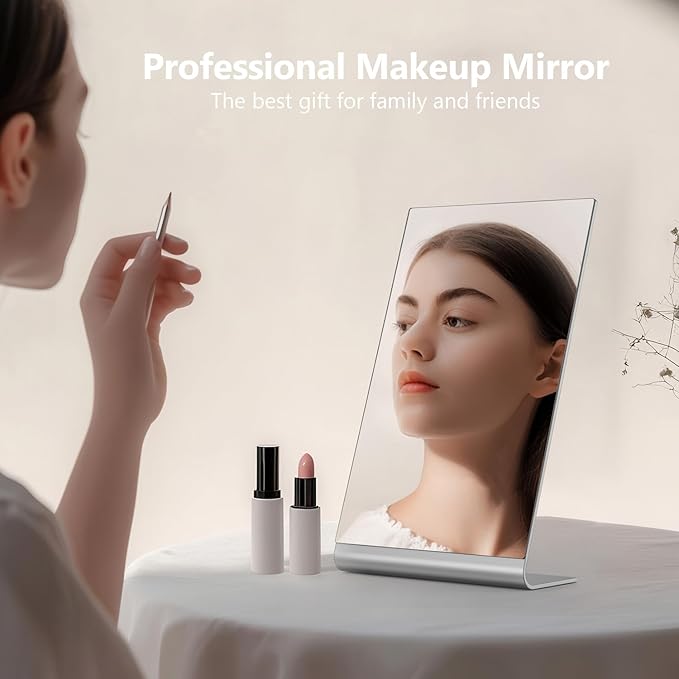 12"x7" Frameless Makeup Mirror, True 1X Flat Vanity Mirror for Accurate Reflection, Free Standing on Bathroom Vanity, Dresser or Desk, Ideal for Makeup, Shaving & Gifts (Silver)