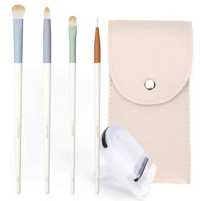 LULUCOLORS 4-pcs Eye Makeup Brush Set with Eyelash Curler-Soft Synthetic Bristles for Precision Application-Includes Eyebrow, Pencil, Mini Concealer & Eyeliner Brushes with Travel Pouch