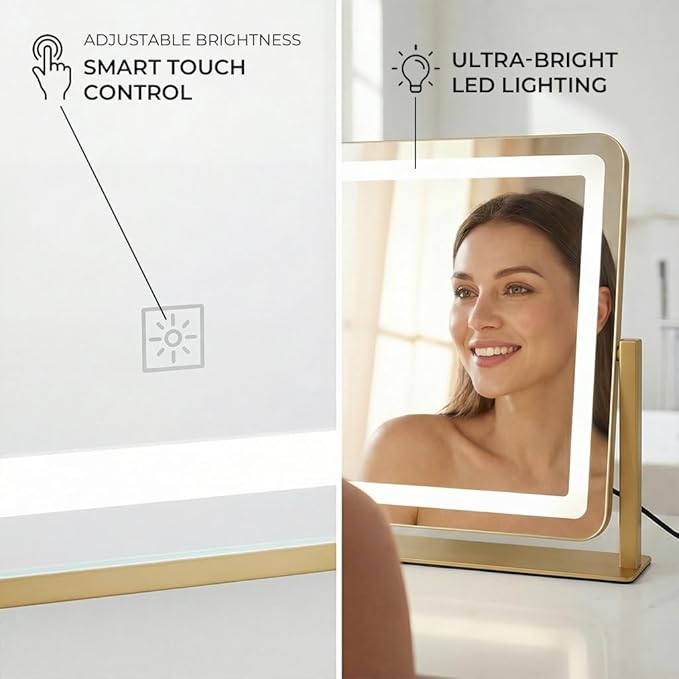 Vanity Mirror with Lights, 22''x17'' Lighted Makeup Mirror, LED Makeup Mirror, Dimmable, Smart Touch with 3-Color Lighting Modes, for Bedroom Tabletop - Gold