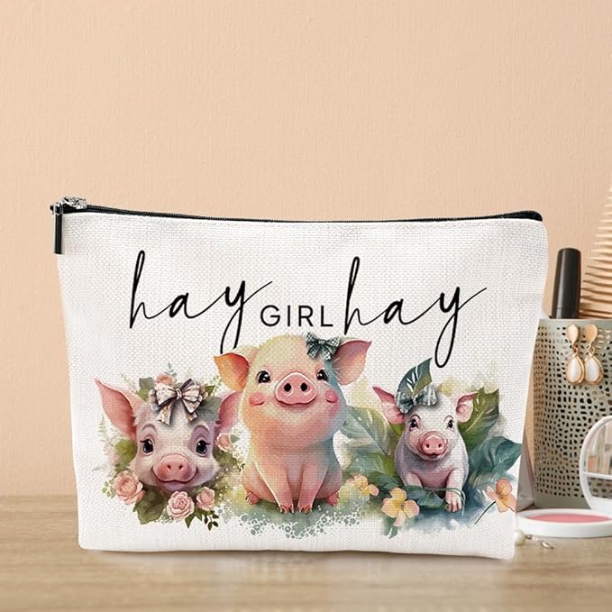 VICBOU Cute Western Pig Makeup Bag Pig Gifts for Girls Women Pig Print Stuff Merch for Pig Lovers Funny Christmas Birthday Gifts for Teens Best Friend BFF Bestie Mom Sister Hay Girl Cosmetic Bag