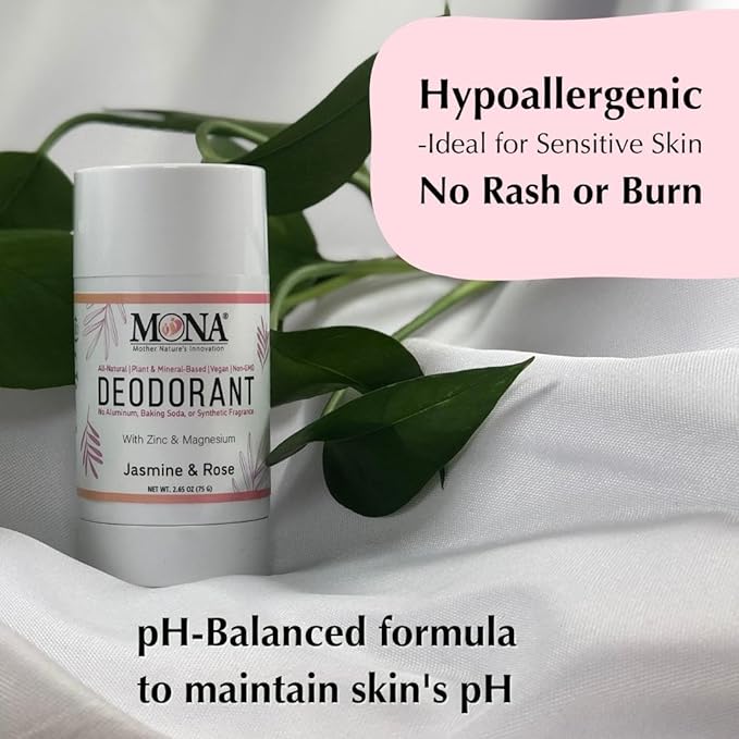 MONA BRANDS All Natural Magnesium Deodorant for Women & Men | Aluminum, Baking Soda, & Synthetic Fragrance Free for Sensitive Skin (Jasmine Rose) 2.65oz