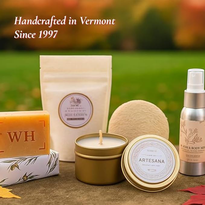 WHISPER HILL End-of-Year Gift Box – Ready to Give Spa Gift Set for Women | Made in Vermont | Natural Candle, Goat Milk Soap, Bath Salts, Room Mist & Loofah | Skin & Spirit Collection