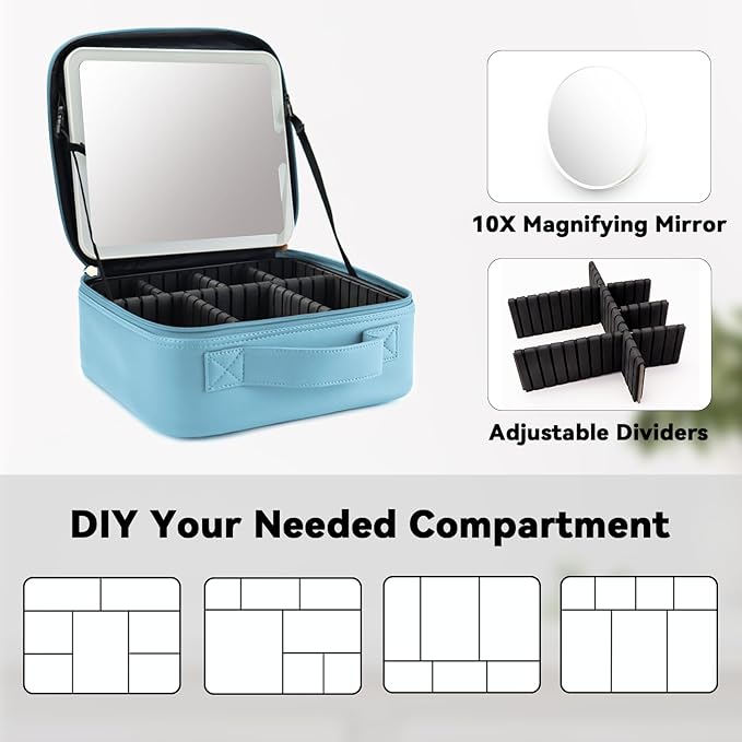 SLUMAZI Travel Makeup Bag with LED Mirror and 10x magnifying glass with 3 Lighted Settings, Adjustable Dividers and Makeup Brush Storage Bag Light Blue