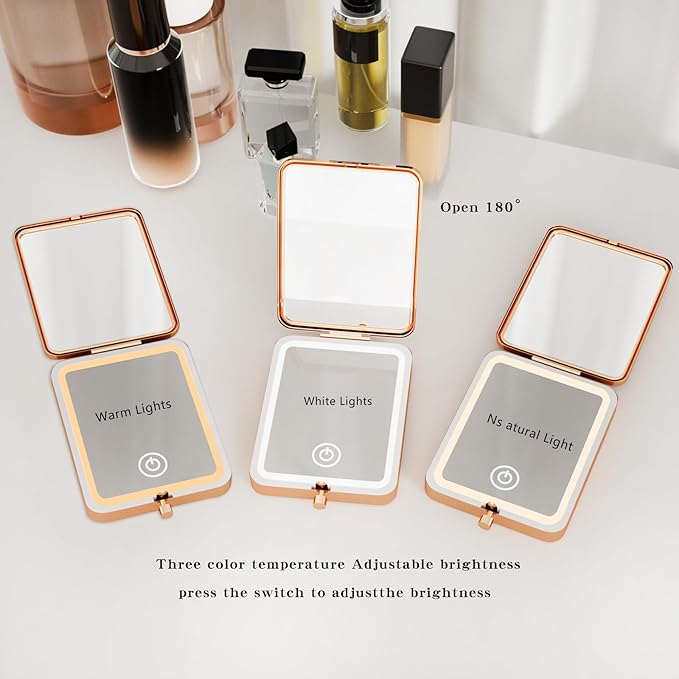 Compact Travel Mirror with Lights, 3X Magnification LED Cute Makeup Vanity Mirror with Light for Purse, Metal 2-Sided, Portable, Folding, Handheld, Small Pocket Lighted Mirror for Gift（Tulip）