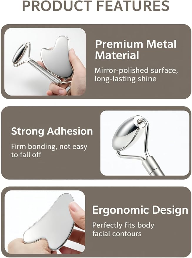 Stainless Steel Gua Sha and Face Roller Set Facial Massager Tools, Lymphatic Drainage Massager Metal Gua Sha Skin Self Care Gifts for Women