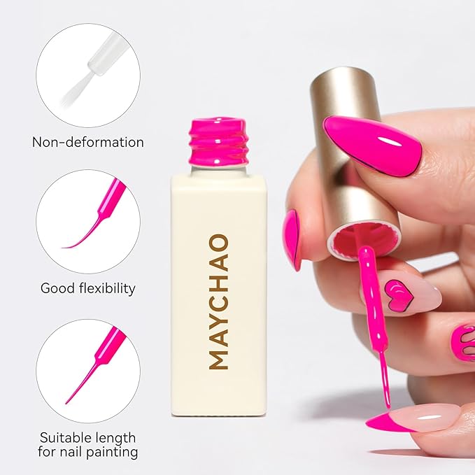 MAYCHAO Hot Pink Swirl Gel Liner Nail Art Polish, 8ml Spring Summer Crazy Pink Gel Color Built-in Thin Brush, UV Light Cure for French Nail Tips DIY Manicure at Home Salon