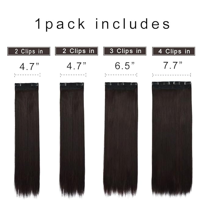 REECHO 18" Straight Long 4 PCS Set Thick Clip in on Hair Extensions Dark Brown with Little Reddish