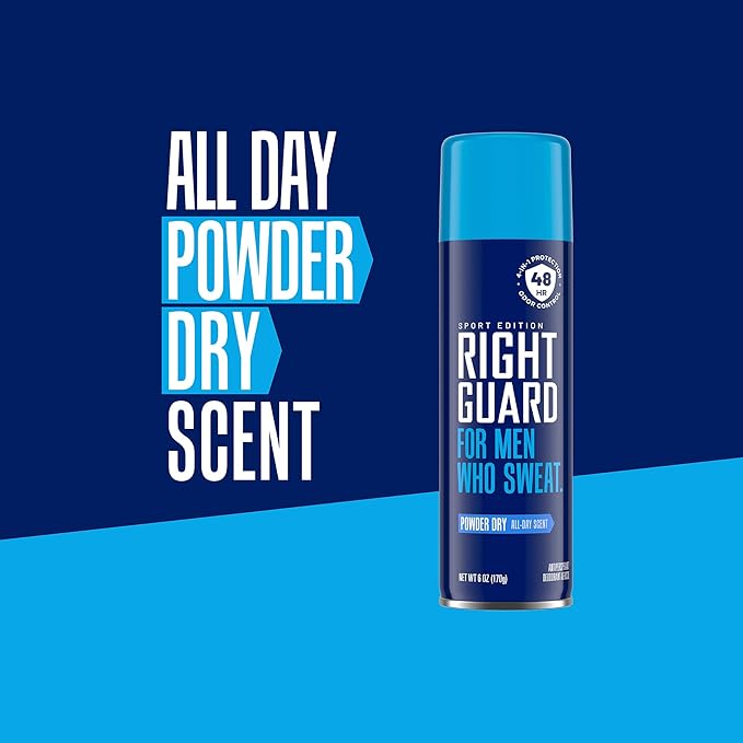 Right Guard Sport Powder Dry Scent Antiperspirant & Deodorant Spray - 4-in-1 Protection Spray Deodorant For Men, Blocks Sweat, 48-Hour Odor Protection, Quick-Drying, & Long-Lasting, 6oz (3 Pack)
