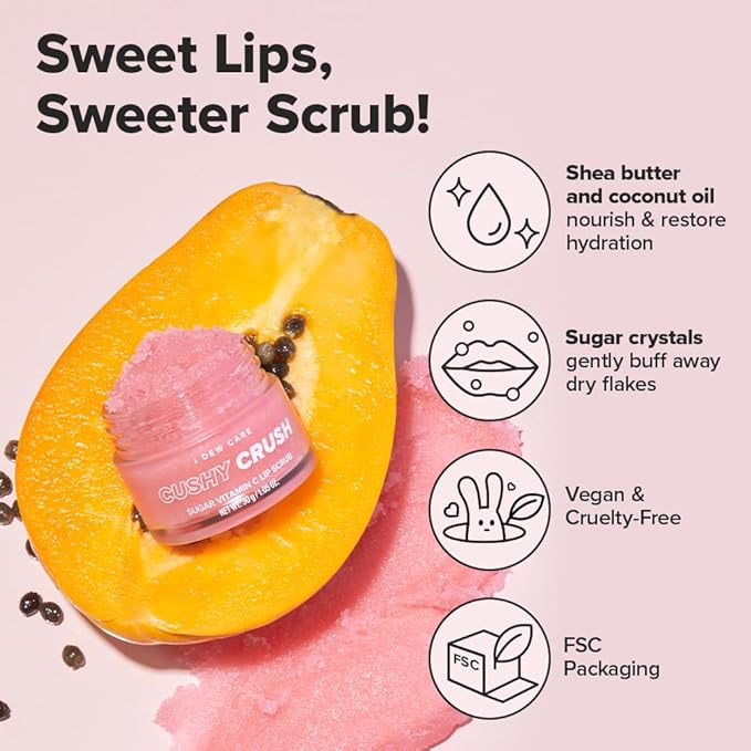 I DEW CARE Overnight Lip Scrub - Cushy Crush | Sugar Vitamin C, Scrubber Exfoliator Products, for Dry and Chapped, Vegan 1.05 Oz