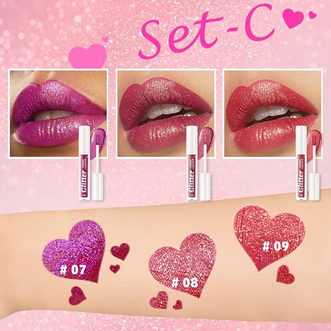 AMY'S DIARY 3Pcs Glitter Liquid Lipstick Set – Violet Purple, Ruby Wine, Cherry Red – Shimmer Metallic Lip Gloss, Long-Lasting Waterproof Lip Color, High Shine Sparkle Makeup for Women (Set c)