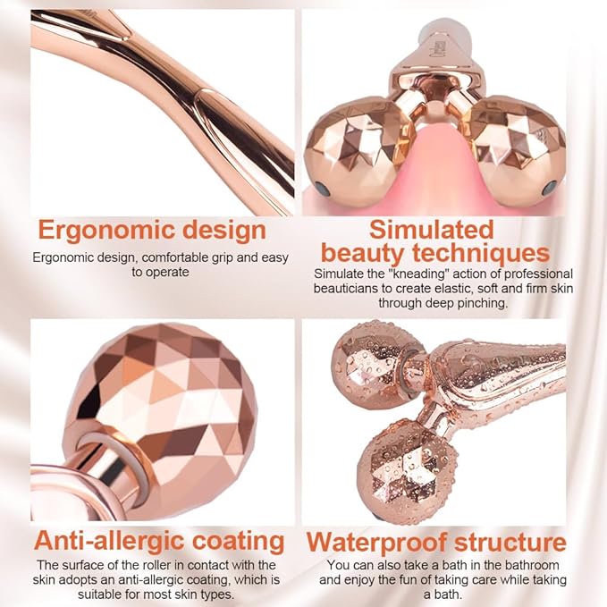 ORCLEENA 3D Face Roller Metal Facial Massager Face Sculpting Gua Sha Massage Tool for Eye Skin Care Reducing Puffiness Anti-Wrinkle for Women Girl Gift Set(Rose Gold)