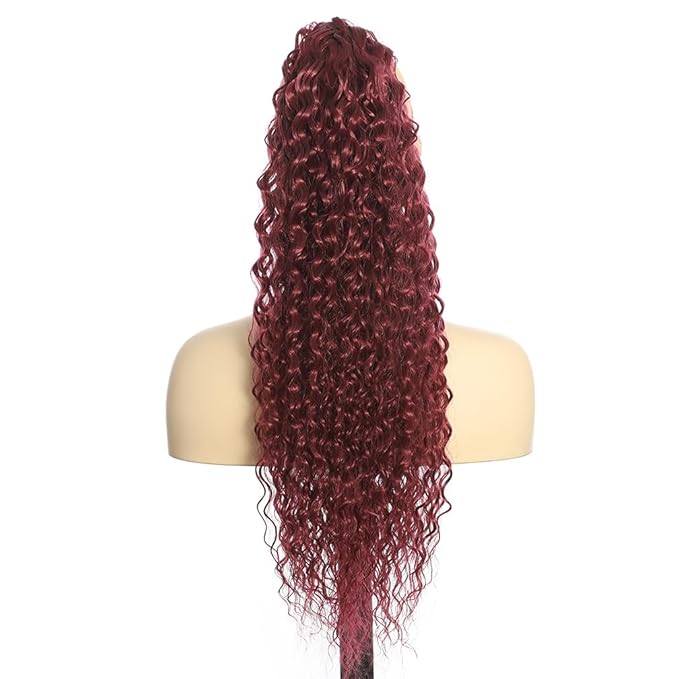 Deep Wave Ponytail Extension for Women 12 Inch Wine Red Curly Wavy Ponytail Hair Extensions Drawstring with Clips Short Synthetic Hairpiece for Daily and Party