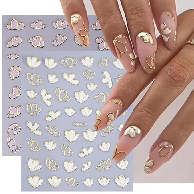 8 Sheets Flowers Nail Art Stickers Decals 3D Self Adhesive Nail Design Spring Summer Flower Nail Decals for Women DIY Manicure Tip Pink Gold Green Purple White Floral Nail Decoration