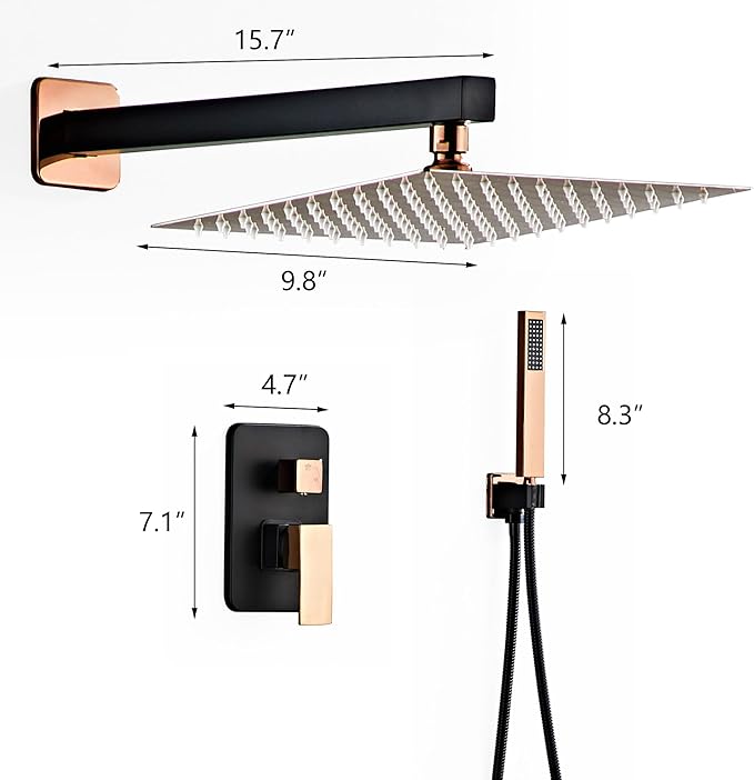 LCEVCGK Shower Faucet Set, Matte Black and Rose Gold Rainfall Shower System Complete Wall Mounted for Bathroom with 10 Inch Square Shower Head and Handheld Shower Head Rain Mixer Combo Set
