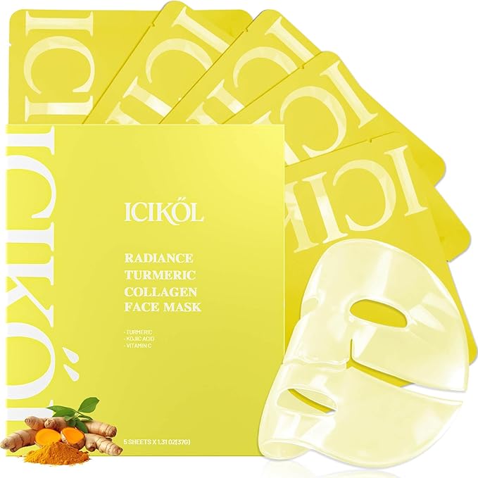 ICIKOL Radiance Turmeric Collagen Face Mask, 5 Pack - Overnight Calming Ance Mask with Kojic Acid for Roughed Skin & Dullness, Oil Control & Pore Refining Facial Sheet Mask
