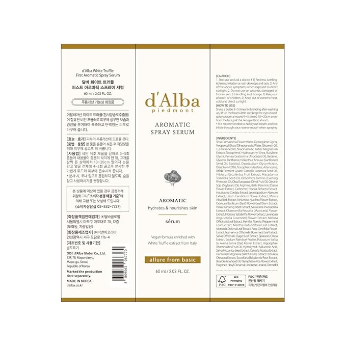 d'alba Piedmont Italian White Truffle First Aromatic Spray Serum, Fragrant VEGAN Glowy Antioxidant Face Mist, Deep Hydration Skin Firmness, Korean Skin Care (2.02 fl.oz)