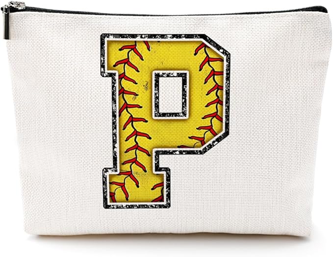CQM Softball Gifts Initial Makeup Bag Monogrammed Cosmetic Bag Yellow Letter P Zipper Pouch Softball Accessories for Girls Women Player Coaches Friend Graduation Birthday Gifts