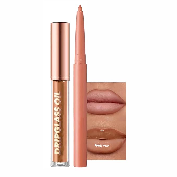Brown Lip Liner Lip Gloss Set, Lip kit with Lip Oil Lip Liner, Plumping Lipgloss lip Pencil Waterproof Long Lasting Smudgeproof (06# brown)