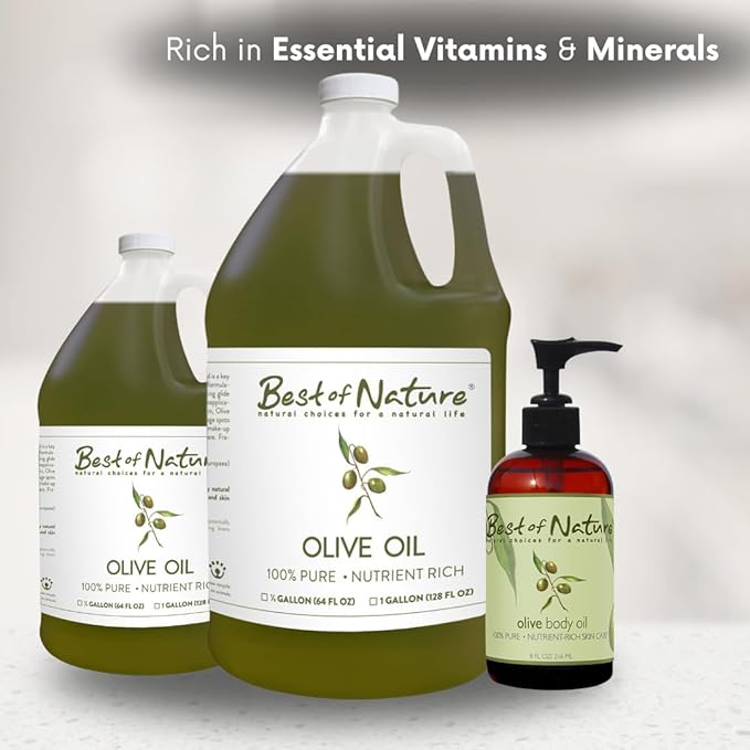 Best of Nature 100% Pure Olive Massage & Body Oil - Cold Pressed, Unscented Moisturizer for Skin & Hair, Bath Oil, Half Gallon (64 fl oz)