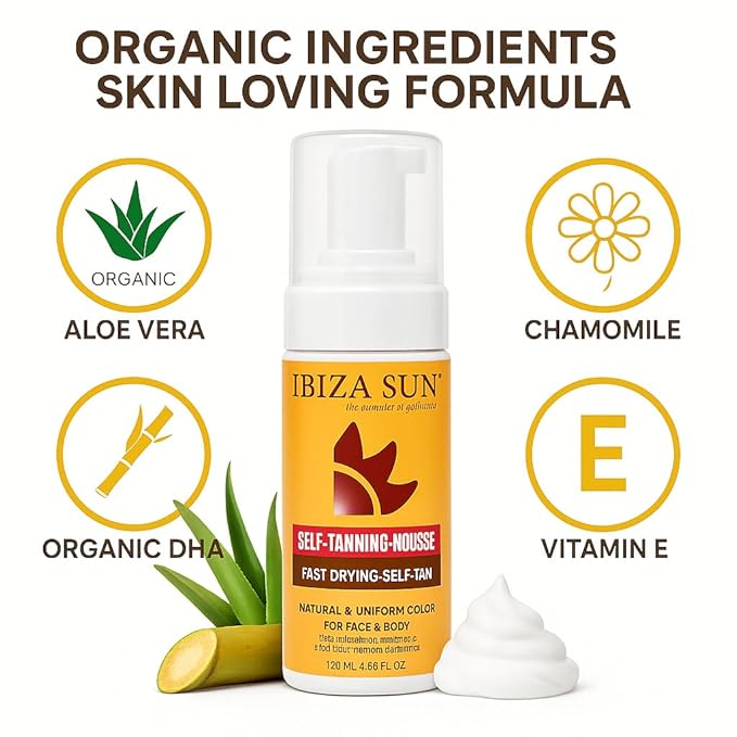 Ibiza Sun Self-Tanning Mousse – Organic DHA + Aloe Vera – Quick Dry, Paraben-Free, Vegan & Cruelty-Free – Natural-Looking Tan for Face & Body