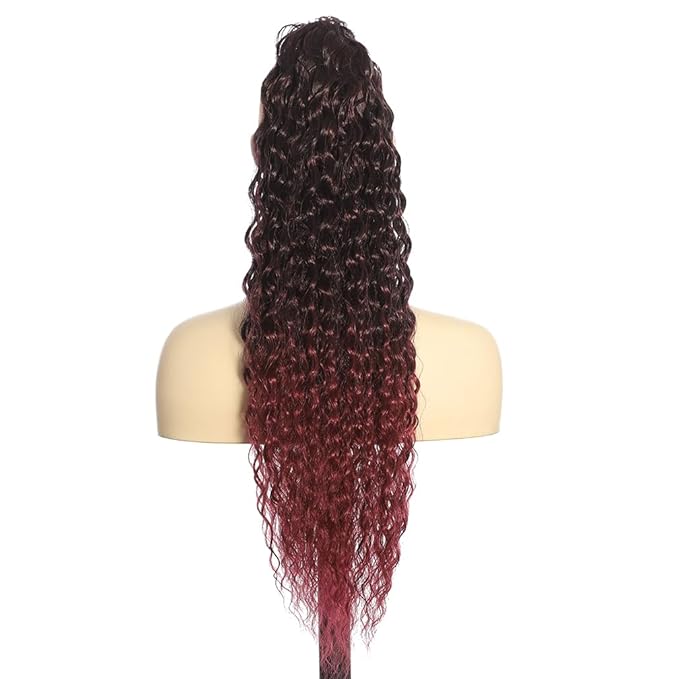 Deep Wave Ponytail Extension for Women 24 Inch Black to Burgundy Red Curly Wavy Ponytail Hair Extensions Drawstring with Clips Short Synthetic Hairpiece for Daily and Party