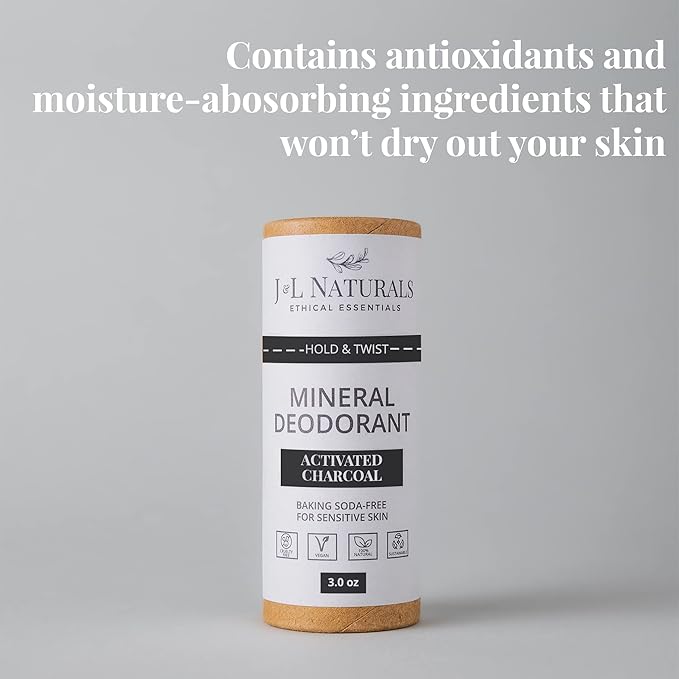 J&L Naturals Mineral Deodorant | Baking Soda-Free, 100% Natural, Sustainable Skin Care | Sensitive Deodorant For Women & Men | Aluminum Free, Vegan, Cruelty-Free (Activated Charcoal, 3 Oz (Pack of 1))