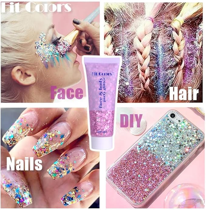 Face Body Glitter Gel,Mardi Gras Outfit for Women and Kids,Sparkly Holographic Party Festival Rave Mardi Gras Accessories for Carnival,Gold Green Purple Chunky Glitter Makeup (2pc Mardi gras)