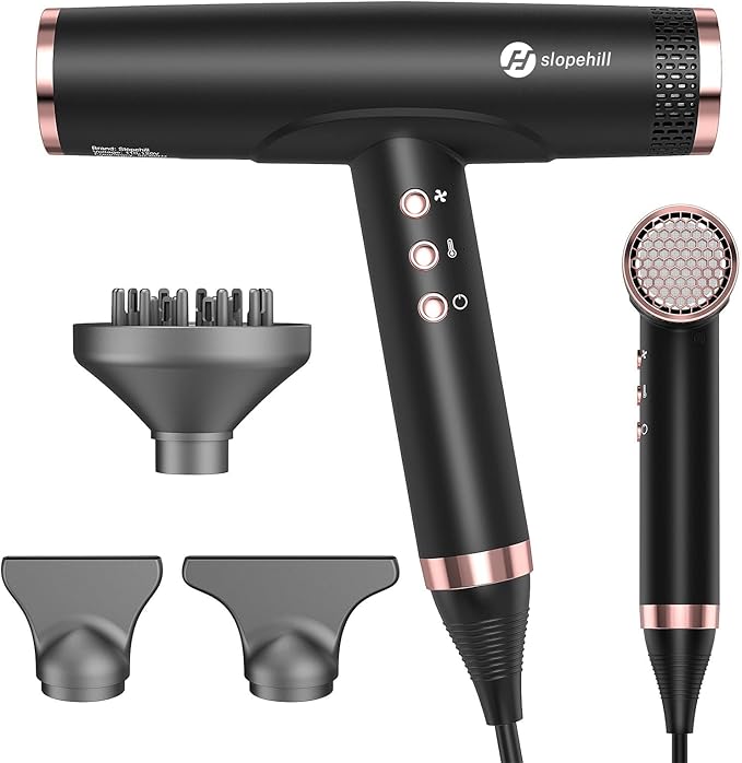 slopehill Professional Ionic Hair Dryer with Diffuser - Lightweight, Compact, Powerful & Fast Salon Blow Dryer with High Speed Brushless Motor for Travel, Women & Men (Ceramic, Black)